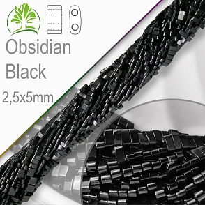 Minerální korálky tvarované Obsidian Black. Velikost 2,5x5mm obdelníkové korálky s dvěma otvory. Balení 20Ks