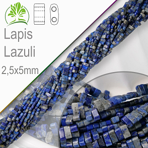 Minerální korálky tvarované Lapis Lazuli. Velikost 2,5x5mm obdelníkové korálky s dvěma otvory. Balení 20Ks