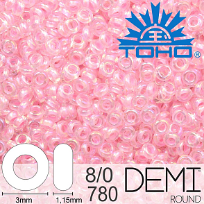 Korálky TOHO Demi Round 8/0. Barva 780 Inside-Color Rainbow Crystal/Bubble Gum-Lined. Balení 5g