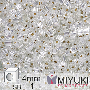 Korálky Miyuki SQUARE Beads 4mm. Barva Silverlined Crystal SB1. Balení 5g.