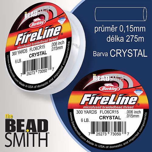 FIRELINE Berkley profesionální splétaná šnůra z polyethylenových vláken. Průměr 0,15mm, zátěž (6lb) 2,7Kg, balení (300yards) 275m, barva CRYSTAL.