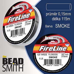 FIRELINE Berkley profesionální splétaná šnůra z polyethylenových vláken. Průměr 0,15mm, zátěž (6lb) , balení (125yards) 115m, barva SMOKE