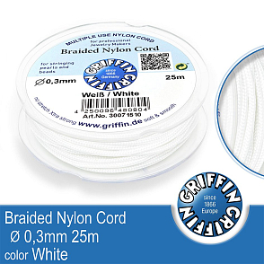 Braided NYLON (splétaná nit na náramky) GRIFFIN síla nitě 0,3mm cívka 25m. Barva White