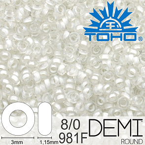 Korálky TOHO Demi Round 8/0. Barva 981F Inside-Color Frosted Crystal/Snow-Lined. Balení 5g