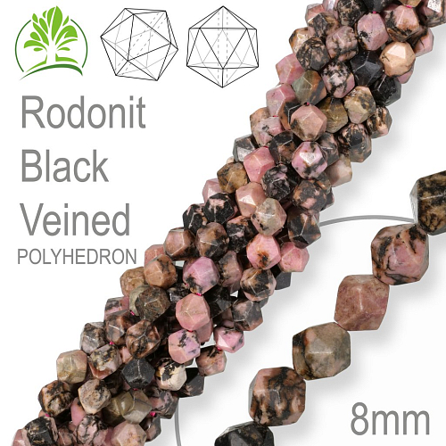 Korálky POLYHEDRON z minerálů  Rodonit Black Veined polodrahokam. Velikost pr.8mm. Balení 10Ks.