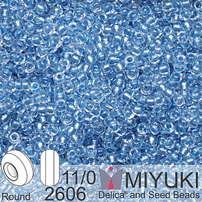 Korálky Miyuki Round 11/0. Barva 2606 Sparkling Sky Blue Lined Crystal AB. Balení 5g.