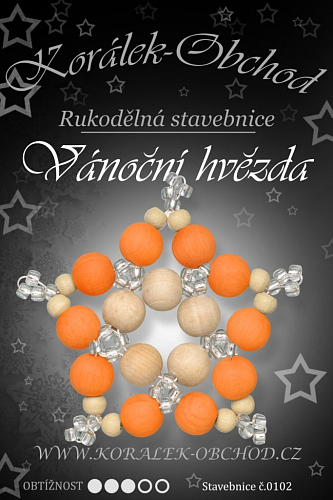 STAVEBNICE Vánoční HVĚZDY číslo 102. Stavebnice z dřevěných korálků v kombinaci oranžové a přírodní barvy obsahuje materiál na 3Ks VÁNOČNÍCH HVĚZD.