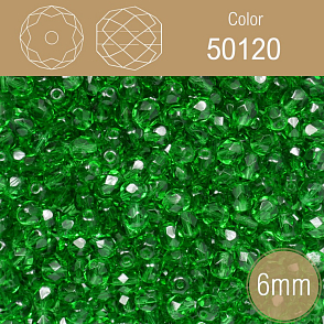 Korálky BROUŠENÉ 6mm. Barva 50120, Průhledná zelená. Balení 50Ks.