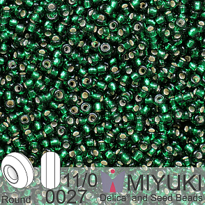 Korálky Miyuki Round 11/0. Barva 0027 Silverlined Dark Emerald. Balení 5g.