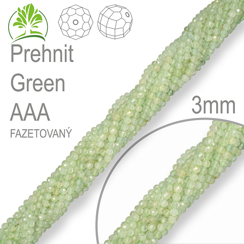 Korálky z minerálů Prehnit Green AAA Fazetovaný polodrahokam. Velikost pr.3mm. Balení 130Ks.