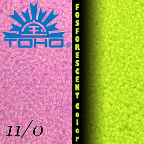 Korálky TOHO tvar ROUND (kulaté). Velikost 11/0. Barva č.2724-Glow In The Dark - Dark Pink/Green Pink  . Balení 8g.